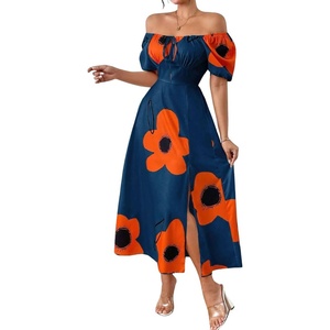 image:imagechouyatou Womens Puff Sleeve Floral Milkmaid Dress Back Smocked Square Neck Off Shoulder Midi Long Dress with SlitDark Blue