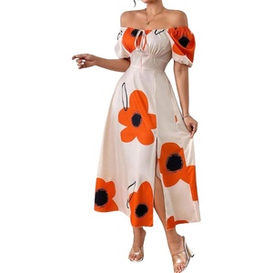 image:imagechouyatou Womens Puff Sleeve Floral Milkmaid Dress Back Smocked Square Neck Off Shoulder Midi Long Dress with SlitOrange