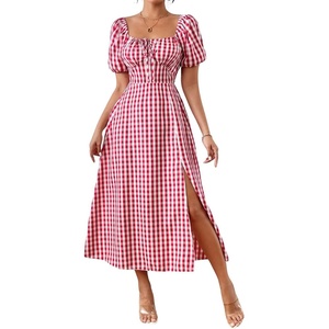 image:imagechouyatou Womens Puff Sleeve Floral Milkmaid Dress Back Smocked Square Neck Off Shoulder Midi Long Dress with SlitPlaid Red