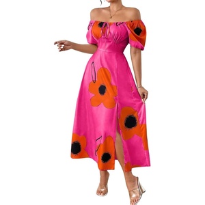 image:imagechouyatou Womens Puff Sleeve Floral Milkmaid Dress Back Smocked Square Neck Off Shoulder Midi Long Dress with SlitRose Red