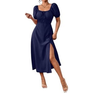 image:imagechouyatou Womens Puff Sleeve Floral Milkmaid Dress Back Smocked Square Neck Off Shoulder Midi Long Dress with SlitSolid Dark Blue