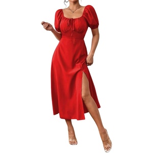image:imagechouyatou Womens Puff Sleeve Floral Milkmaid Dress Back Smocked Square Neck Off Shoulder Midi Long Dress with SlitSolid Red
