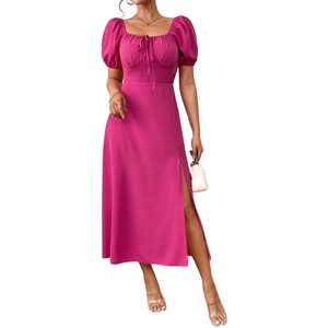 image:imagechouyatou Womens Puff Sleeve Floral Milkmaid Dress Back Smocked Square Neck Off Shoulder Midi Long Dress with SlitSolid Rose Red