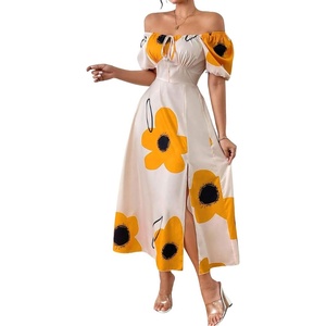 image:imagechouyatou Womens Puff Sleeve Floral Milkmaid Dress Back Smocked Square Neck Off Shoulder Midi Long Dress with SlitYellow