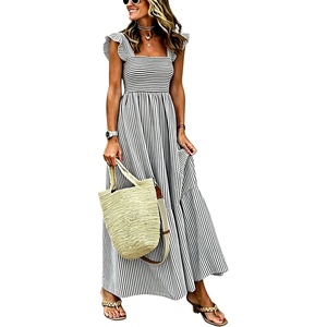 image:imagechouyatou Womens Retro Cotton Striped Smocked Long Dress Boho Spaghetti Strap Flounce Beach Sun Dress with PocketsBlack