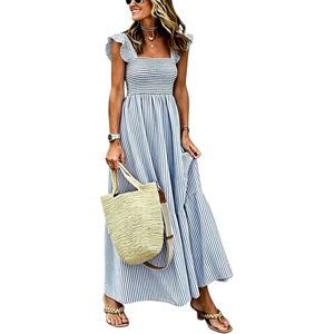 image:imagechouyatou Womens Retro Cotton Striped Smocked Long Dress Boho Spaghetti Strap Flounce Beach Sun Dress with PocketsBlue