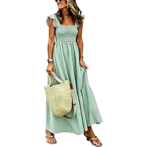 image:imagechouyatou Womens Retro Cotton Striped Smocked Long Dress Boho Spaghetti Strap Flounce Beach Sun Dress with PocketsGreen