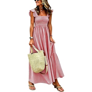 image:imagechouyatou Womens Retro Cotton Striped Smocked Long Dress Boho Spaghetti Strap Flounce Beach Sun Dress with PocketsRed