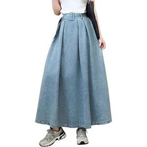 image:imagechouyatou Womens Ruffle Denim Skirt Elastic High Waist Pleated A Line Swing Maxi Long Jean Skirt with BeltLight Blue
