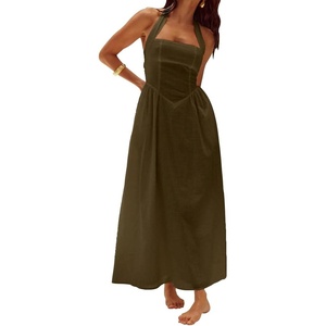 image:imagechouyatou Womens Sexy Halter Neck Sleeveless Fit and Flare Pleated Swing Prom Party Maxi Dress with PocketsArmy Green