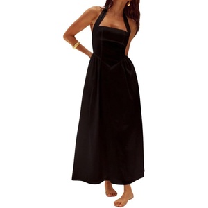image:imagechouyatou Womens Sexy Halter Neck Sleeveless Fit and Flare Pleated Swing Prom Party Maxi Dress with PocketsBlack