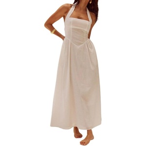 image:imagechouyatou Womens Sexy Halter Neck Sleeveless Fit and Flare Pleated Swing Prom Party Maxi Dress with PocketsWhite