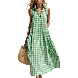 image:imagechouyatou Womens Sleeveless Plaid Cotton Dress Lapel Button Front Gingham Long Shirt Dress with PocketsGreen