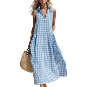 image:imagechouyatou Womens Sleeveless Plaid Cotton Dress Lapel Button Front Gingham Long Shirt Dress with PocketsLight Blue