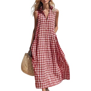 image:imagechouyatou Womens Sleeveless Plaid Cotton Dress Lapel Button Front Gingham Long Shirt Dress with PocketsRed