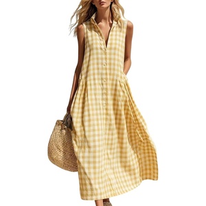 image:imagechouyatou Womens Sleeveless Plaid Cotton Dress Lapel Button Front Gingham Long Shirt Dress with PocketsYellow