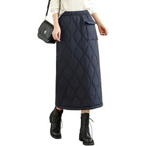 image:imagechouyatou Womens Winter Elastic High Waisted Padded Quilted Puffer Insulated Midi Skirt with SplitBlack