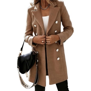 image:imagechouyatou Womes Double Breasted Wool Blend Pea Coat Midi Long Business Casual Wool Blazer Coat OvercoatKhaki