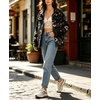image:imagechouyatou Womens Floral Print Denim Jacket Button Down Jean Trucker JacketBlack