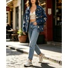 image:imagechouyatou Womens Floral Print Denim Jacket Button Down Jean Trucker JacketDark Blue