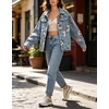 image:imagechouyatou Womens Floral Print Denim Jacket Button Down Jean Trucker JacketLight Blue