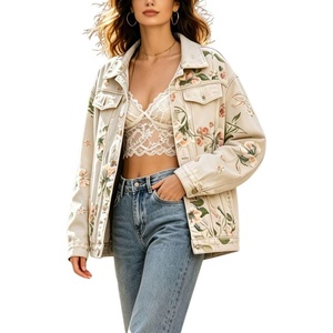 image:imagechouyatou Womens Floral Print Denim Jacket Button Down Jean Trucker JacketBeige