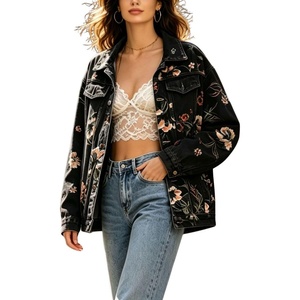 image:imagechouyatou Womens Floral Print Denim Jacket Button Down Jean Trucker JacketBlack