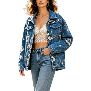 image:imagechouyatou Womens Floral Print Denim Jacket Button Down Jean Trucker JacketBlue
