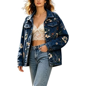 image:imagechouyatou Womens Floral Print Denim Jacket Button Down Jean Trucker JacketDark Blue