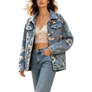 image:imagechouyatou Womens Floral Print Denim Jacket Button Down Jean Trucker JacketLight Blue