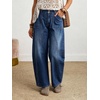 image:imagechouyatou Women Mid Rise Baggy Barrel Jeans Boyfriend Wide Leg Ankle PantsDark Blue