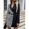 image:imagechouyatou Womens Chic Color Block Houndstooth Long Blazer Jacket Trench CoatBlack
