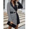 image:imagechouyatou Womens Chic Color Block Houndstooth Long Blazer Jacket Trench CoatBlack