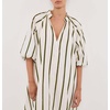 image:imagechouyatou Womens Summer Half Puff Sleeve Cotton Dress Notch Neck Striped Midi Dress with PocketsArmy Green