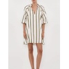 image:imagechouyatou Womens Summer Half Puff Sleeve Cotton Dress Notch Neck Striped Midi Dress with PocketsArmy Green