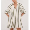 image:imagechouyatou Womens Summer Half Puff Sleeve Cotton Dress Notch Neck Striped Midi Dress with PocketsArmy Green