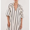 image:imagechouyatou Womens Summer Half Puff Sleeve Cotton Dress Notch Neck Striped Midi Dress with PocketsBlack Striped