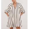 image:imagechouyatou Womens Summer Half Puff Sleeve Cotton Dress Notch Neck Striped Midi Dress with PocketsBlack Striped