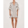 image:imagechouyatou Womens Summer Half Puff Sleeve Cotton Dress Notch Neck Striped Midi Dress with PocketsBlack Striped