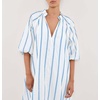 image:imagechouyatou Womens Summer Half Puff Sleeve Cotton Dress Notch Neck Striped Midi Dress with PocketsBlue White