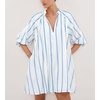 image:imagechouyatou Womens Summer Half Puff Sleeve Cotton Dress Notch Neck Striped Midi Dress with PocketsBlue White