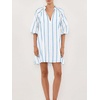 image:imagechouyatou Womens Summer Half Puff Sleeve Cotton Dress Notch Neck Striped Midi Dress with PocketsBlue White