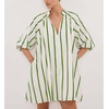 image:imagechouyatou Womens Summer Half Puff Sleeve Cotton Dress Notch Neck Striped Midi Dress with PocketsGreen Striped
