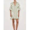 image:imagechouyatou Womens Summer Half Puff Sleeve Cotton Dress Notch Neck Striped Midi Dress with PocketsGreen Striped