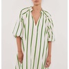 image:imagechouyatou Womens Summer Half Puff Sleeve Cotton Dress Notch Neck Striped Midi Dress with PocketsGreen Striped
