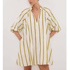 image:imagechouyatou Womens Summer Half Puff Sleeve Cotton Dress Notch Neck Striped Midi Dress with PocketsYellow Striped