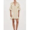 image:imagechouyatou Womens Summer Half Puff Sleeve Cotton Dress Notch Neck Striped Midi Dress with PocketsYellow Striped