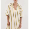 image:imagechouyatou Womens Summer Half Puff Sleeve Cotton Dress Notch Neck Striped Midi Dress with PocketsYellow Striped