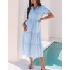 image:imagechouyatou Womens Summer Puff Short Sleeve Striped Dress Button Up Ruffle Tiered Midi Long Dress with PocketsBlue