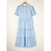image:imagechouyatou Womens Summer Puff Short Sleeve Striped Dress Button Up Ruffle Tiered Midi Long Dress with PocketsBlue